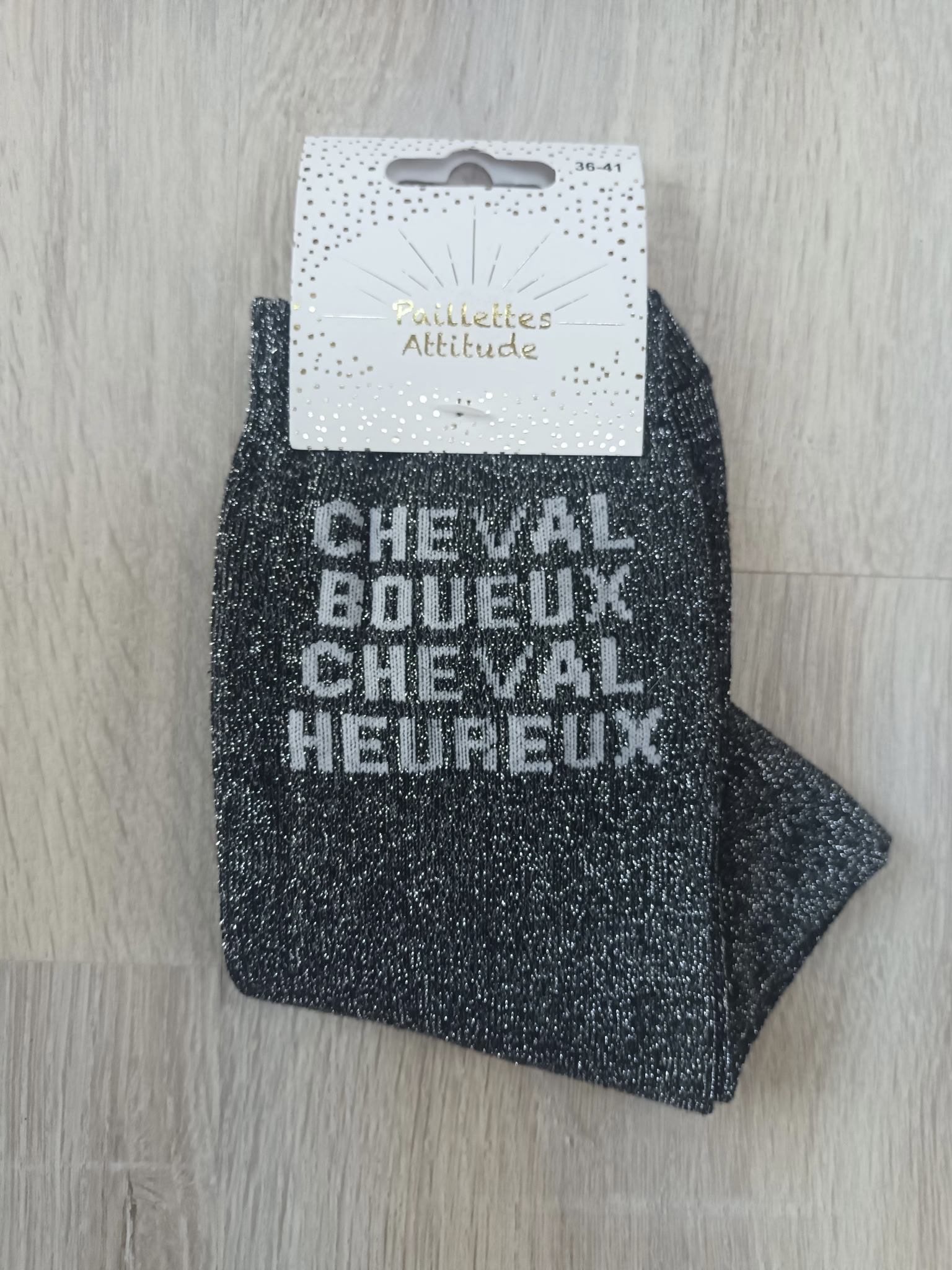PAILLETTES ATTITUDE - Chaussettes paillettes "Cheval boueux cheval heureux"